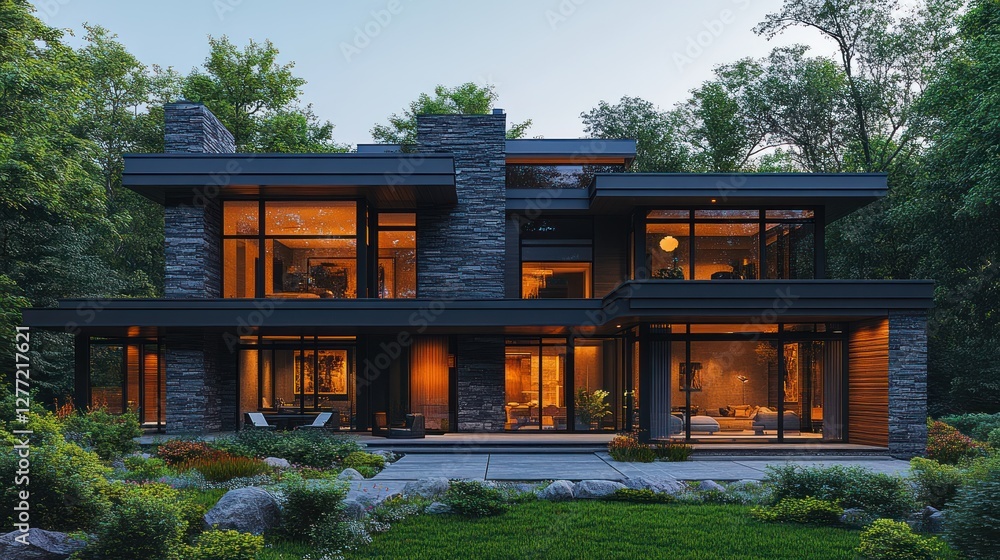 Minimalist modern house architectural rendering three-dimensional model with glass windows and wooden elements Minimalist modern house architectural rendering three-dimensional model with glass windows and wooden elements