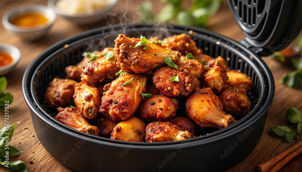 Delicious crispy chicken wings in air fryer on wooden table Delicious crispy chicken wings in air fryer on wooden table