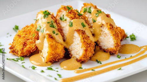 A tantalizing dish of golden breaded chicken katsu cutlet served with a rich and aromatic curry sauce garnished with fresh parsley creating a delectable and satisfying meal