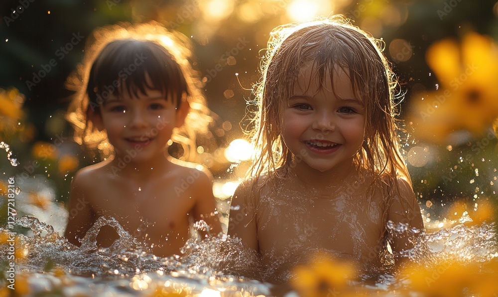 Fototapeta premium Children Playing with Water in a Sunny Garden during Summer Vacation