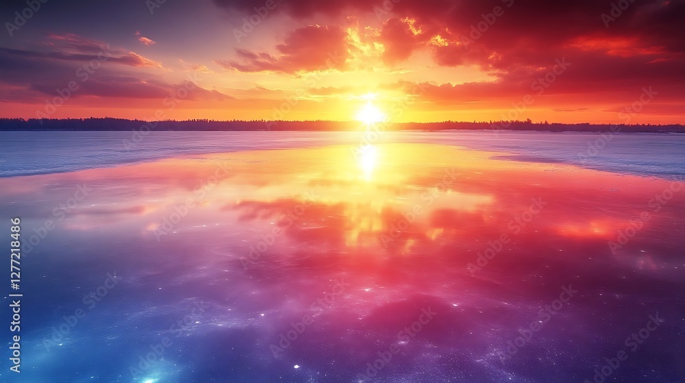 Celestial Reflections, A Winter Sunset Mirage on Icy Waterscape Celestial Reflections, A Winter Sunset Mirage on Icy Waterscape