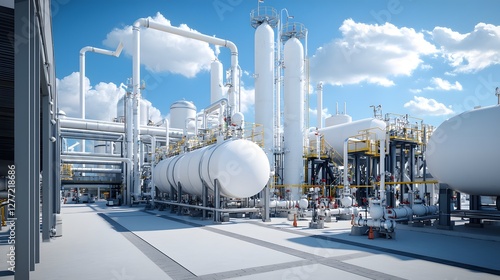Aerial view of a large industrial oxygen production facility with multiple large storage tanks intricate pipeline systems
