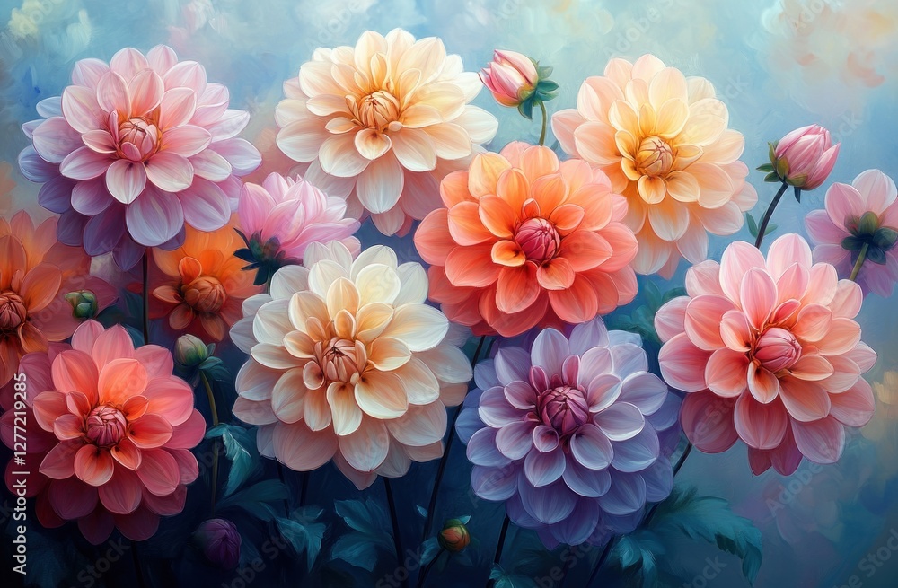 Obraz premium Dahlia Flower Arrangement in Autumn Colors Top View Floral Pattern Background