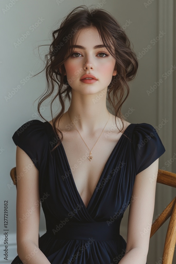 Serene and elegant young woman seated on wooden chair in navy dress with crossed legs and smiling in soft natural light Serene and elegant young woman seated on wooden chair in navy dress with crossed legs and smiling in soft natural light