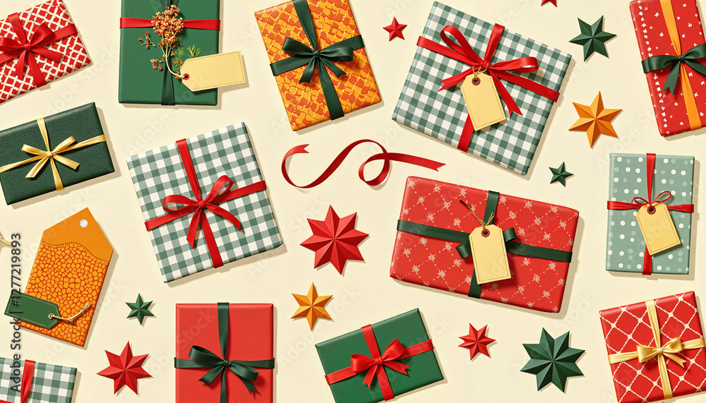 Fototapeta premium Colorful gift boxes with ribbons and stars on light background