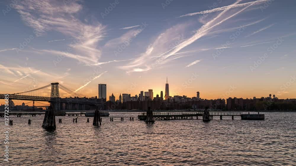 Day to night Timelapse of sunset with comet behind Lower East side skyline and World Trade Center over east river in Manhattan Day to night Timelapse of sunset with comet behind Lower East side skyline and World Trade Center over east river in Manhattan