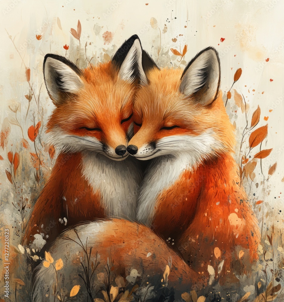Fototapeta premium whimsical watercolor foxes embracing mother and daughter cute illustration