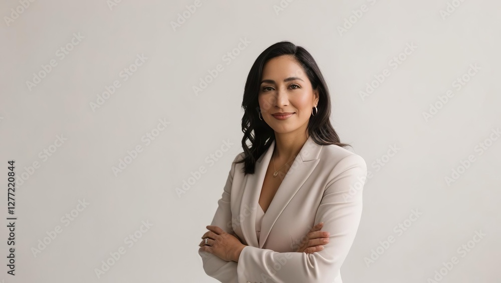 Business banner, pleasant dark-haired woman in a light suit with crossed arms, businesswoman, success in business, light background with space for text Business banner, pleasant dark-haired woman in a light suit with crossed arms, businesswoman, success in business, light background with space for text
