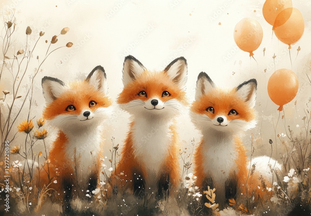Fototapeta premium Whimsical Playful Foxes Birthday Celebration Illustration with Balloons and Flowers