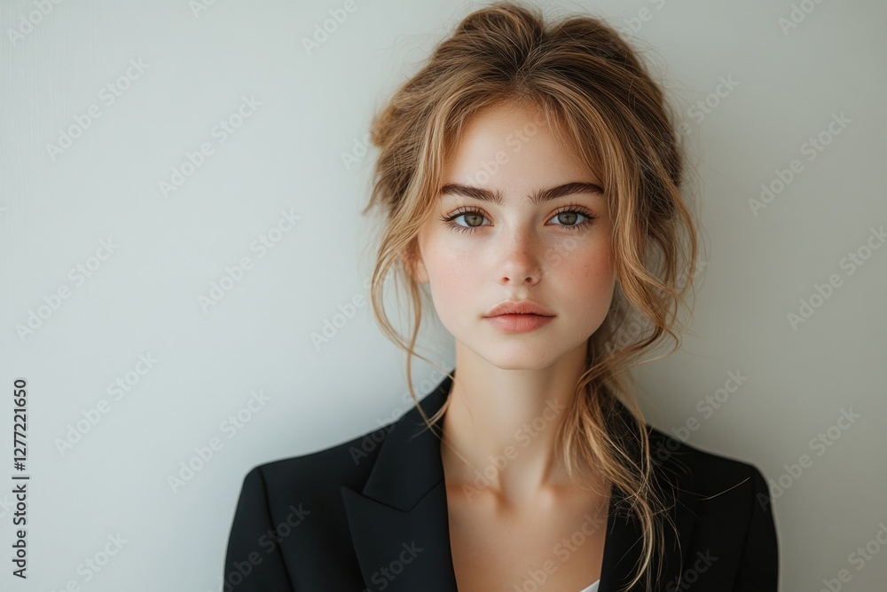 Thoughtful business woman in black suit holding pen looking serious and confident Thoughtful business woman in black suit holding pen looking serious and confident