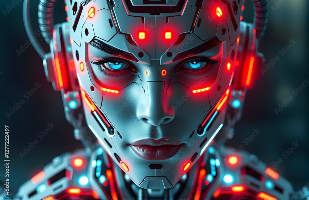 Fototapeta premium Cybernetic humanoid with glowing neon circuits ultra detailed sci fi portrait.