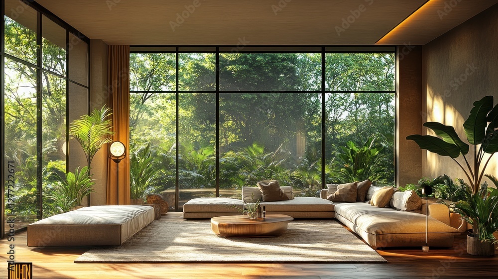 Fototapeta premium Scandinavian Modern Living Room with Natural Light and Greenery