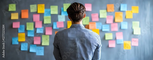 Professional strategist reviewing sticky notes on a whiteboard