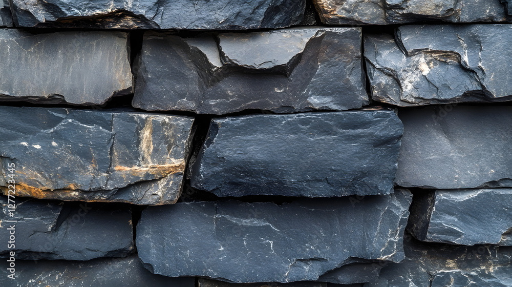 High-resolution close-up of rugged black slate stones stacked together, showcasing natural cracks and intricate textures High-resolution close-up of rugged black slate stones stacked together, showcasing natural cracks and intricate textures