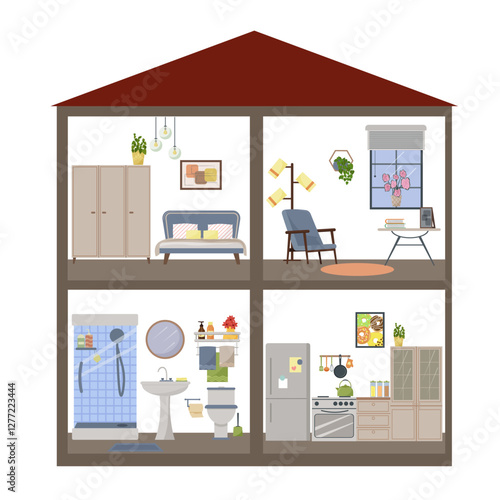 Cottage with furnished rooms. Room with a sofa and a wardrobe. Living room with an armchair and a window. Kitchen with furniture. Bathroom with a shower and toiletries. Dollhouse in section. Vector