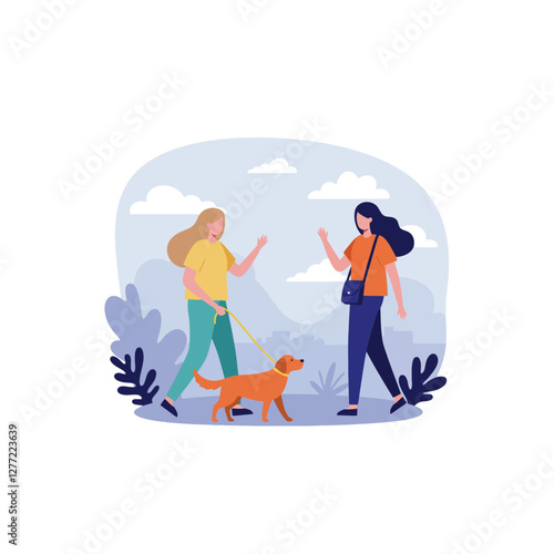 People Walking with Dog in Park, Greeting Each Other Warmly
