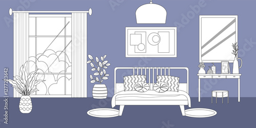 Bedroom interior. Furnished room with bed and window. Line sketch. Dressing table with mirror and pouf. Personal items on the table. Flowers in pots. Modern design. Vector illustration