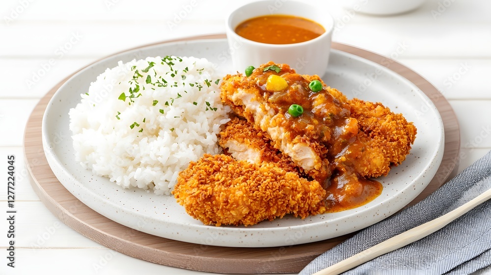 Closeup view of a delicious and authentic Japanese chicken katsu cutlet dish featuring a golden brown Closeup view of a delicious and authentic Japanese chicken katsu cutlet dish featuring a golden brown