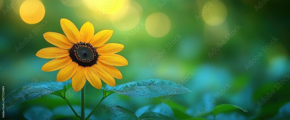 Obraz premium Radiant Sunflower with Dew Drops Against a Blurred Green Background in Soft Sunlight