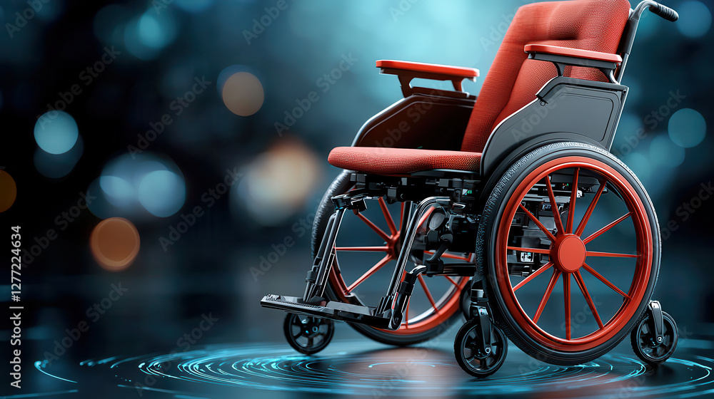 Fototapeta premium modern, AI powered wheelchair with autonomous navigation is showcased in futuristic setting, featuring sleek red design and advanced technology