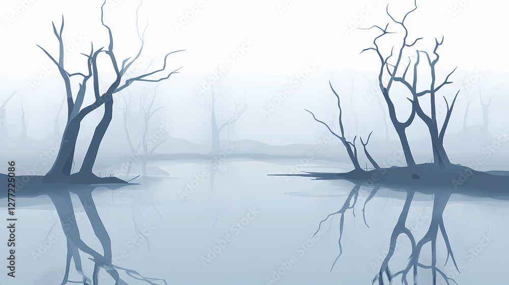 Acid rain climate change concept. a tranquil, misty landscape with dead trees reflecting on still water. Misty River of the Dead. Illustration Acid rain climate change concept. a tranquil, misty landscape with dead trees reflecting on still water. Misty River of the Dead. Illustration