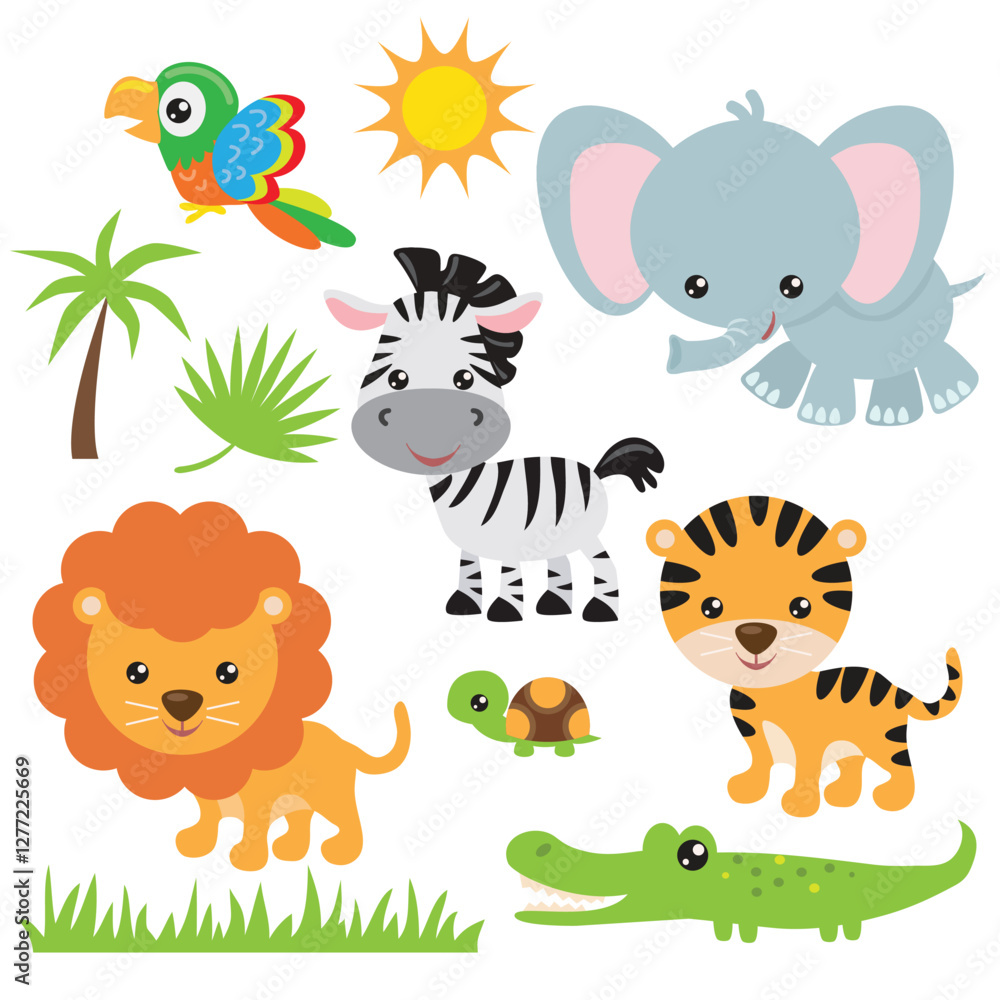 Naklejka premium Cute jungle animals bundle vector cartoon illustration