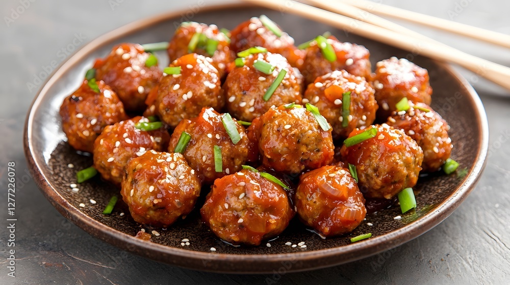 Delicious and Flavorful Chicken Meatballs Simmered in a Tangy Tomato Sauce Served on a Rustic Ceramic Plate with Chopsticks for an Authentic Asian Dining Experience Delicious and Flavorful Chicken Meatballs Simmered in a Tangy Tomato Sauce Served on a Rustic Ceramic Plate with Chopsticks for an Authentic Asian Dining Experience
