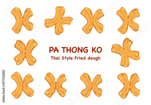 Vector illustration of Thai-style fried dough snack "Pa Thong Ko," Thai food is eaten for breakfast with sweetened condensed milk or dipped in hot coffee. Isolated elements on a white background.
