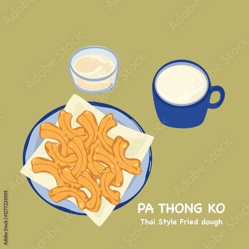 Vector illustration of Thai-style fried dough snack "Pa Thong Ko". Thai food is eaten for breakfast with sweetened condensed milk, soybean milk, hand or tea—isolated elements on a white background.
