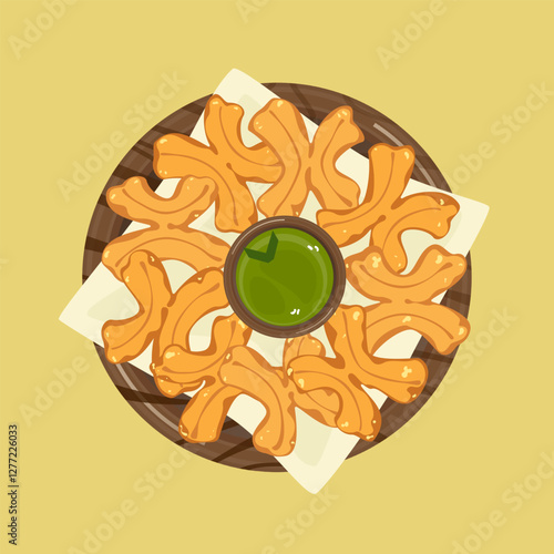 Vector illustration of Thai style fried dough snack "Pa Thong Ko", Thai food eaten for breakfast with sweetened condensed milk, custard, on a wooden plate. Isolated elements on a white background.