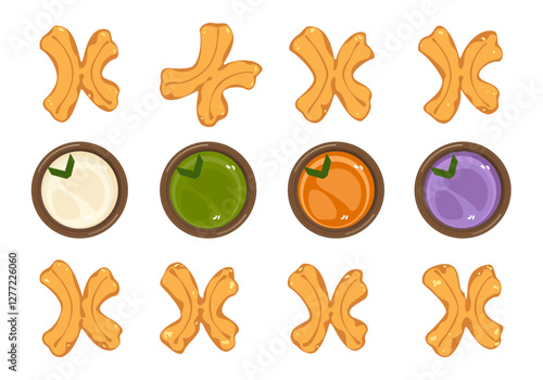 Vector illustration of Thai style fried dough snack "Pa Thong Ko". Thai food is eaten for breakfast with sweetened condensed milk, custard, Thai tea, and taro. Isolated elements on white background.