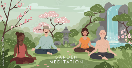 Garden meditation with multiethnic group of people sitting in lotus position in amazing garden landscape