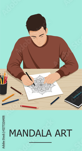 Man doing mandala art. Minimalist flat style vector