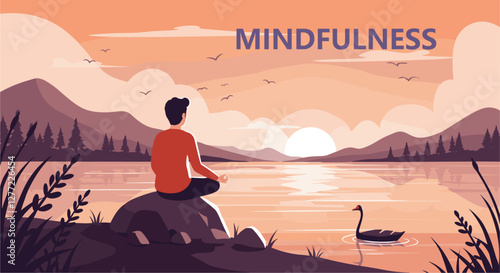 Man sitting on rock meditating alone by the lake at sunset. Mindfulness and spirituality concept