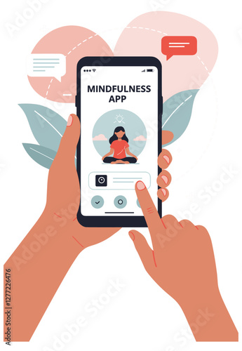 Mindfulness app in smart phone screen. Colorful flat design vector