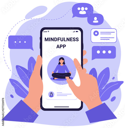 Hands using mindfulness app in smart phone. Colorful vector style illustration