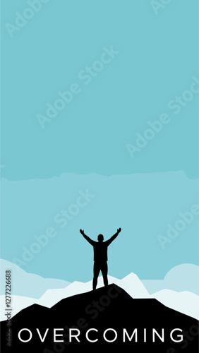 Man reaching top of the mountain. Overcoming concept. Minimalist flat design vector