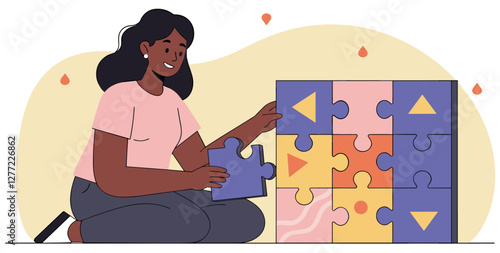 Black woman doing puzzle. Colorful flat style vector