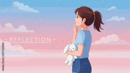Girl looking pensive holding teddy bear. Reflection, thoughts conceptual cartoon banner