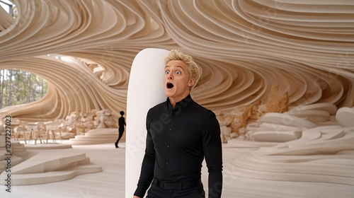 A person walking into an invisible wall illusion, looking shocked as if trapped in a mime performance, selective focus on their confused expression, copy space for text, ultra HD,  photo