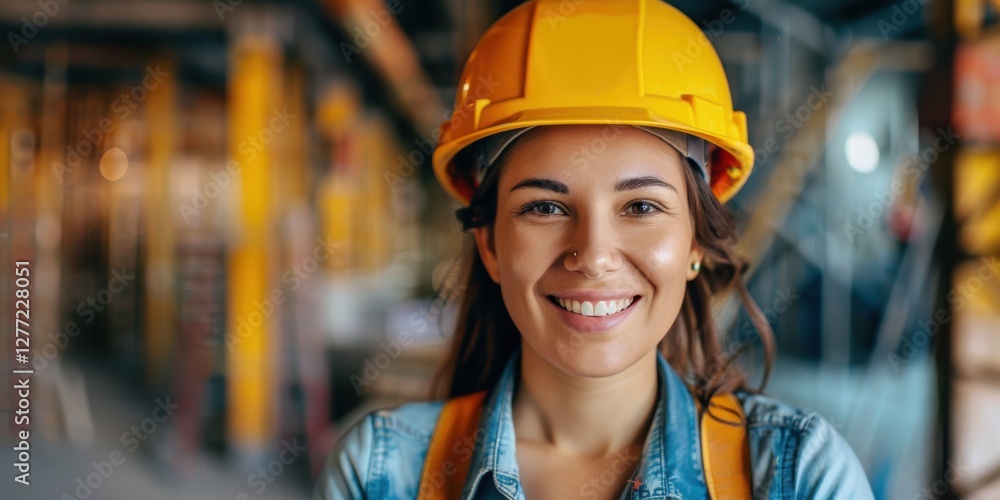 Portrait of a property management professional with engineering tools, featuring safety gear and a smile, ready for a home renovation project Portrait of a property management professional with engineering tools, featuring safety gear and a smile, ready for a home renovation project