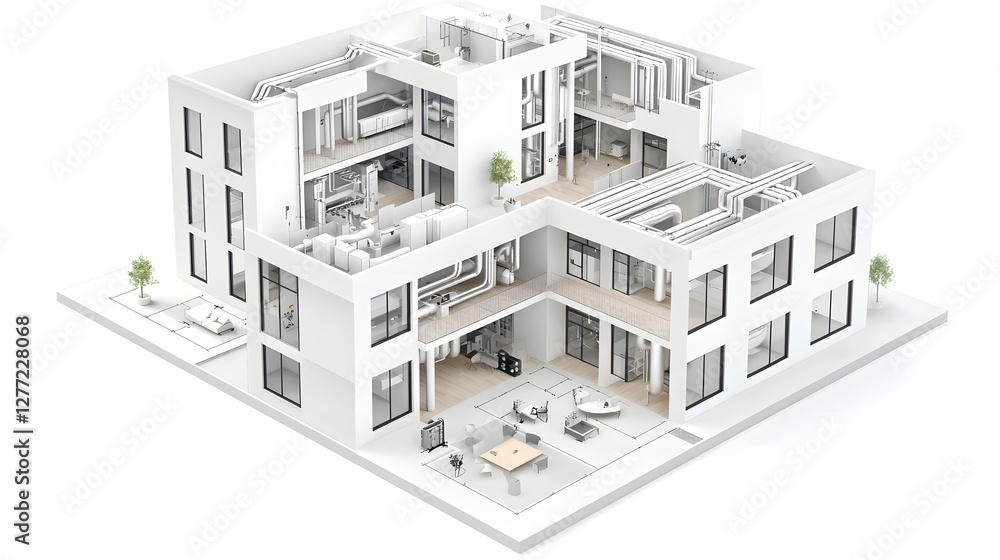Detailed isometric blueprint diagram showcasing the pipe layout and mechanical systems within a multi floor commercial building Detailed isometric blueprint diagram showcasing the pipe layout and mechanical systems within a multi floor commercial building