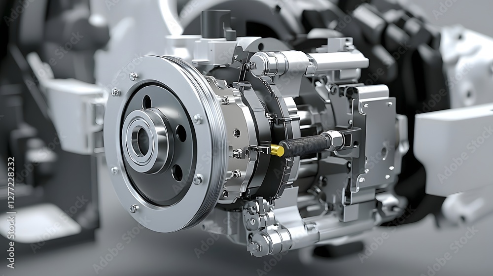 Detailed macro shot of the intricate clutch and flywheel assembly mechanism inside an automobile engine This technical complex Detailed macro shot of the intricate clutch and flywheel assembly mechanism inside an automobile engine This technical complex