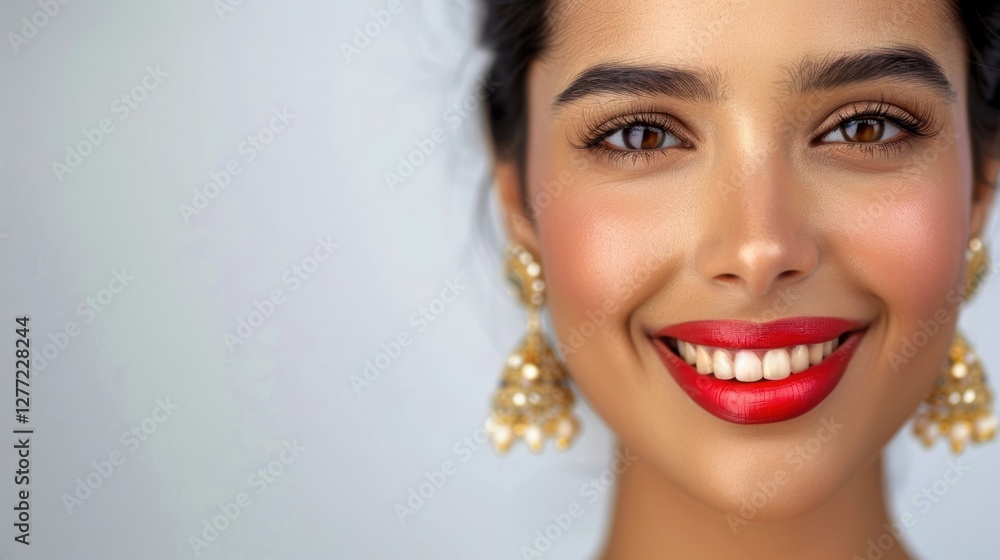 Studio portrait featuring a young woman on a white background, showcasing accessories and expressing happiness in a contemporary style close-up Studio portrait featuring a young woman on a white background, showcasing accessories and expressing happiness in a contemporary style close-up