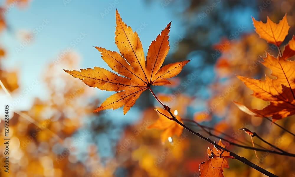 Single autumn maple leaf backlit by sunlight against a bokeh background. Single autumn maple leaf backlit by sunlight against a bokeh background.