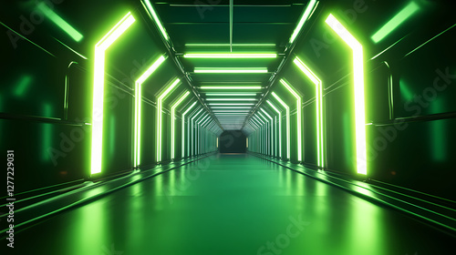 Fototapeta Naklejka Na Ścianę i Meble -  Neon green light tunnel 3d illustration. Surrealist Endless Corridor. Illustration