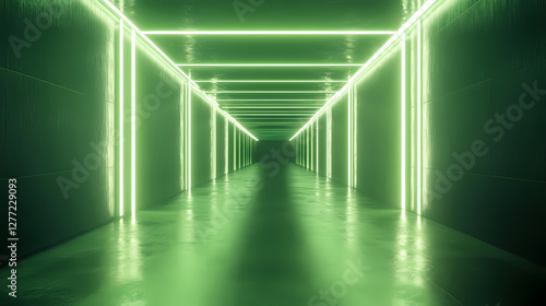 Fototapeta Naklejka Na Ścianę i Meble -  Neon green light tunnel 3d illustration. Surrealist Endless Corridor. Illustration