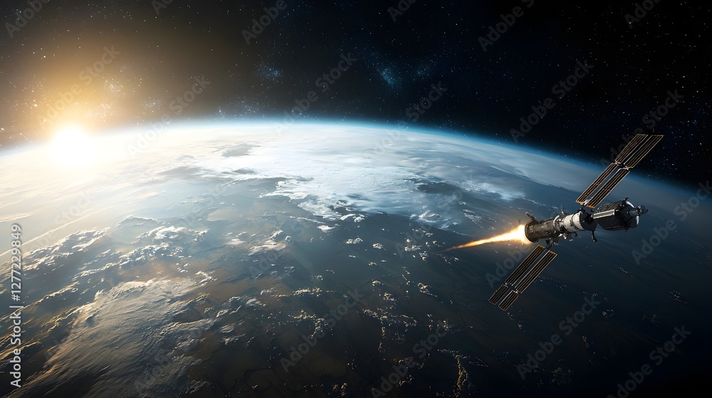 Obraz premium Dramatic perspective of a satellite launch into the majestic orbit around the Earth set against the stunning backdrop of a vibrant sunset and the vast mysterious cosmos