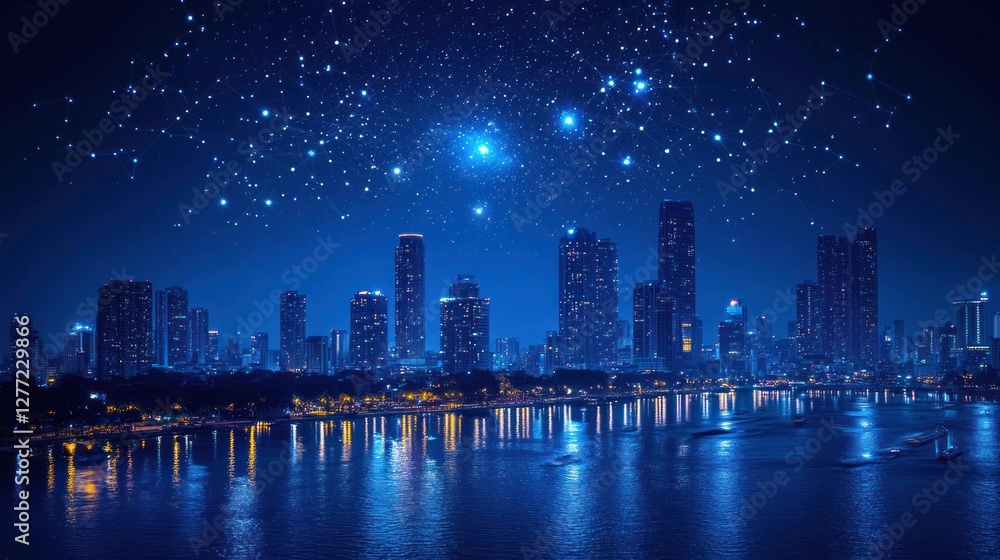 Fototapeta premium Nightscape Symphony, A City's Reflection Under a Celestial Network