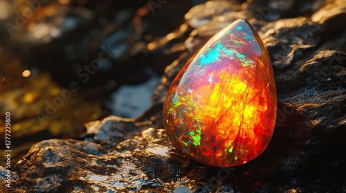 Vibrant fire opal gemstone on dark rock.